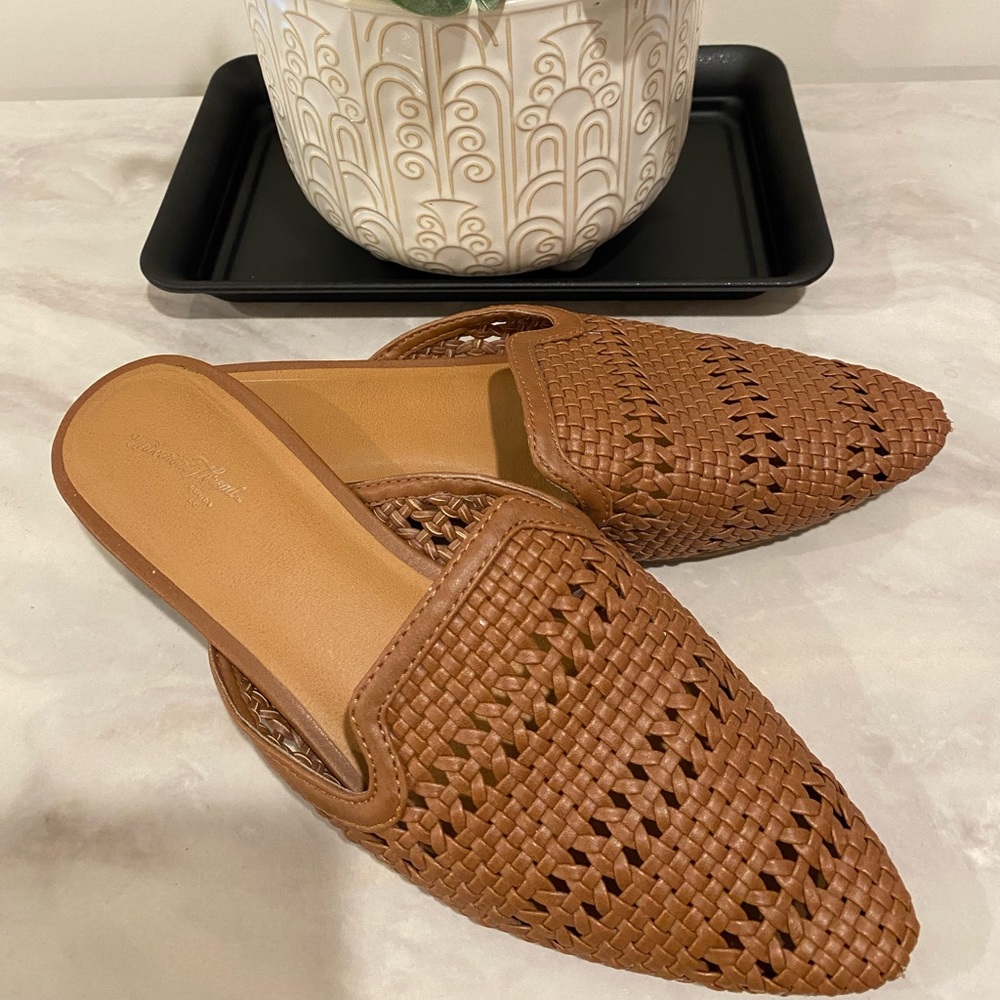 Faux Leather Woven Cognac Mules
